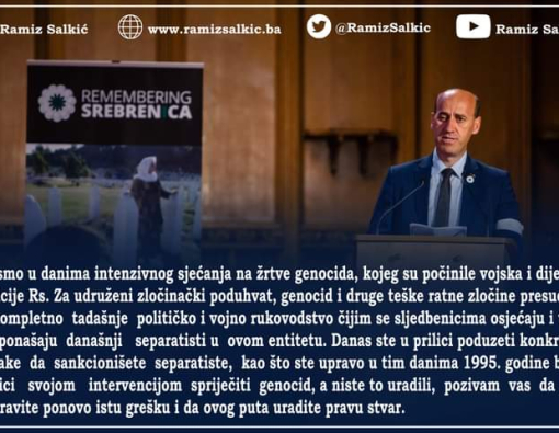 Salkić: Neophodno je brza, snažna i odlučna zajednička reakcija pravosudnih institucija i visokog predstavnika radi zaustavljanja rušenja ustavnog poretka i Dejtonskog mirovnog sporazuma